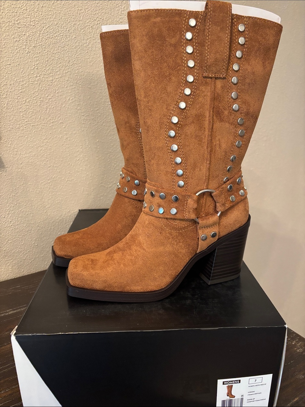 Madden NYC Women’s Cognac Suede Studded Mid-Calf Heeled Boots